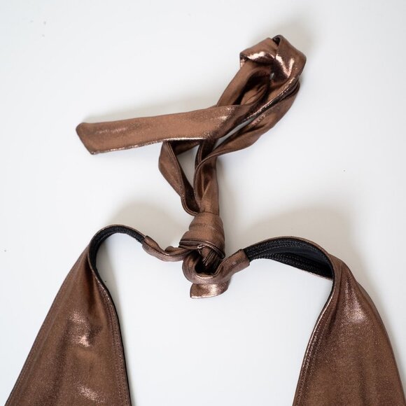 🚨 Aritzia Little Moon Bodysuit Metallic Copper Luna Halter Tie Strap - Picture 9 of 13